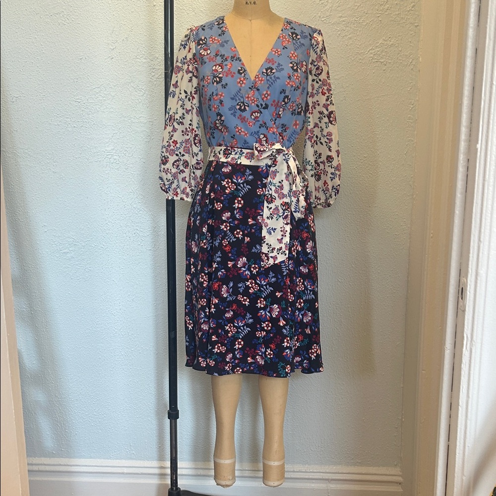 1901 Mixed-Print faux Wrap Midi Dress in Light Blue, Navy and White.